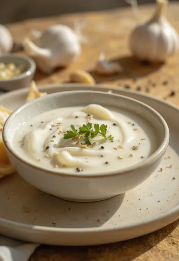 Rosmarin-Knoblauch-Sauce in einer Schüssel, serviert mit frischem Rosmarin und geröstetem Brot.