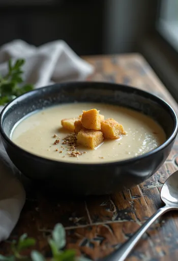 Geröstete Selleriecremesuppe serviert mit Brotwürfeln