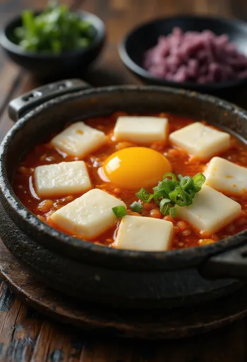 Sundubu Jjigae in einer tiefen Schüssel, mit Frühlingszwiebeln und Ei