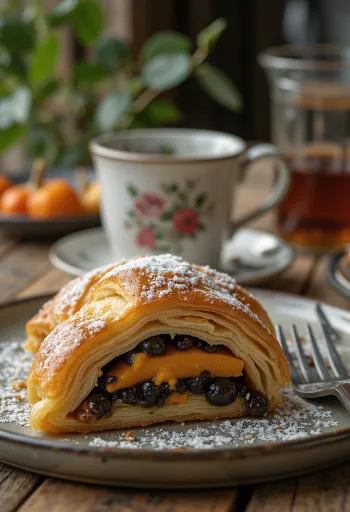 Goldbraun gebackener Kürbis-Mohn-Strudel, mit Puderzucker bestäubt