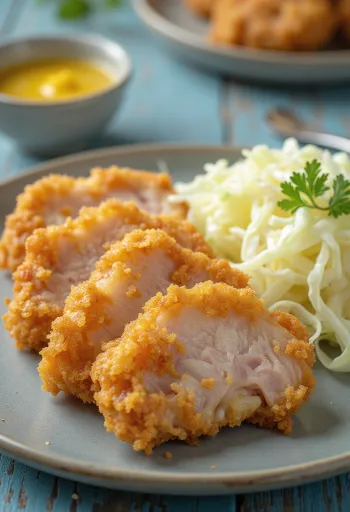 Knuspriges Tonkatsu Schnitzel mit Kohlstreifen und Senfklecks