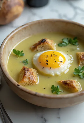 Açorda mit Knoblauch, serviert mit frischem Koriander und Sesam