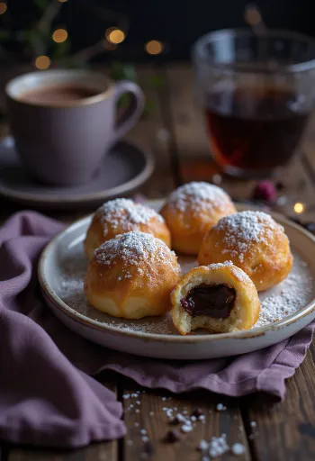 Frisch gebackene Æbleskiver mit Schokoladenfüllung und Puderzucker