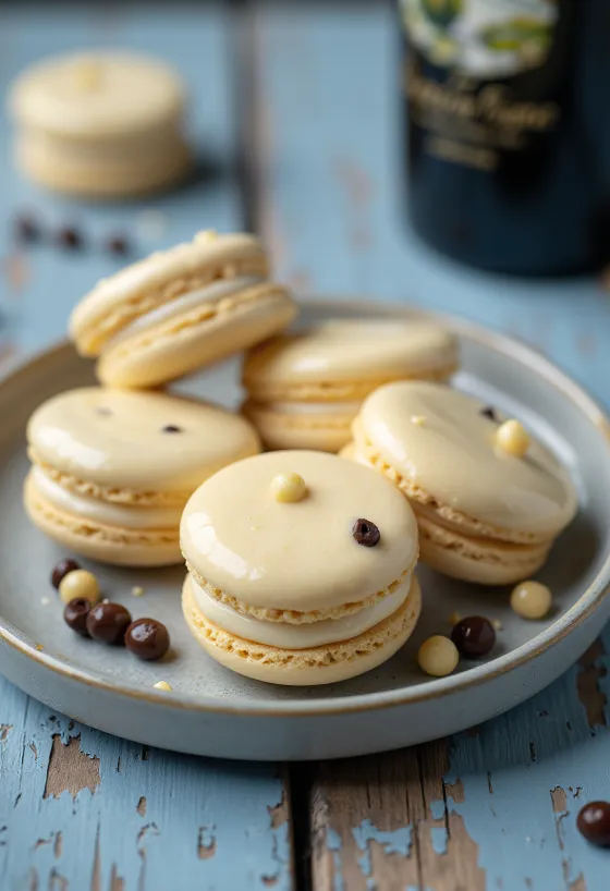 Servierte Macarons mit Baileys und weißer Schokolade