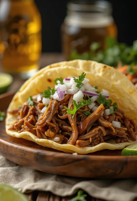 Barbacoa serviert mit Tortilla und Limettenscheiben