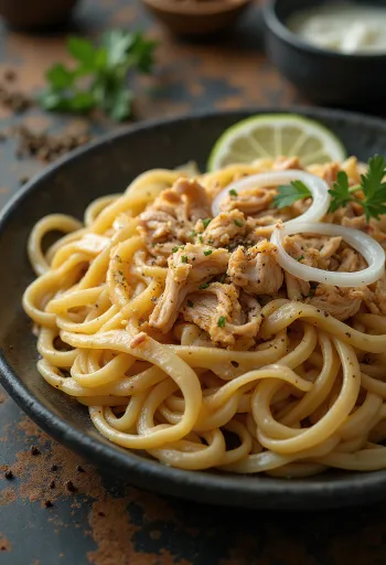 Beshbarmak mit Hähnchen, serviert mit reichlich Gemüse