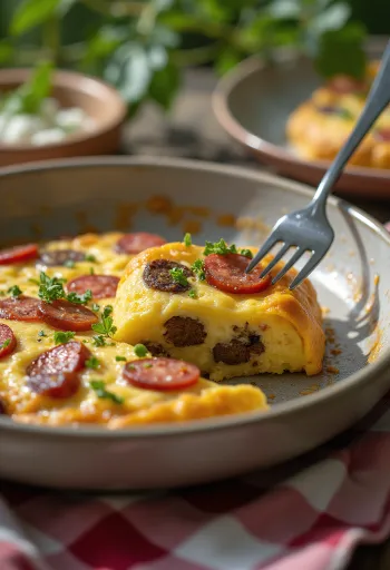 Frittata mit Blutwurst und Chorizo, serviert mit gebratener Wurst und Ei