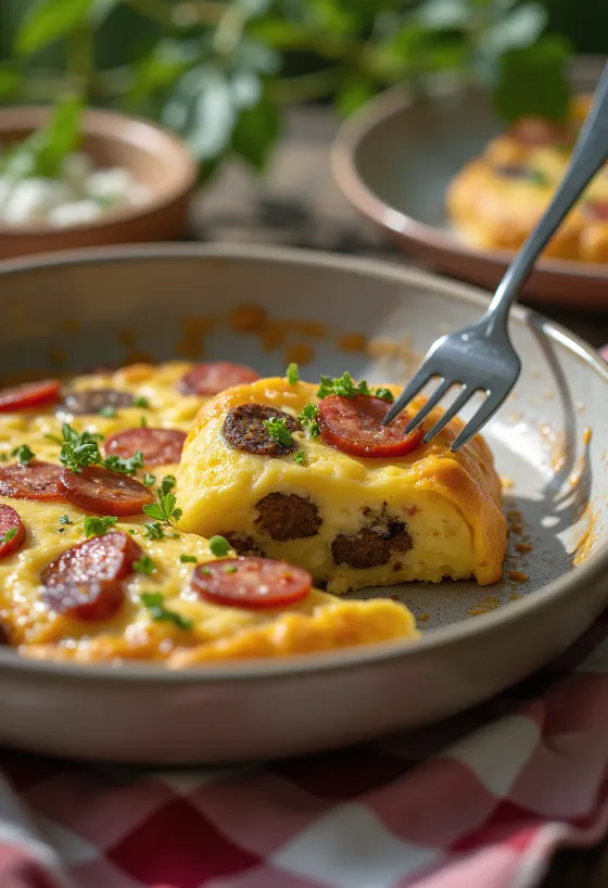 Frittata mit Blutwurst und Chorizo, serviert mit gebratener Wurst und Ei