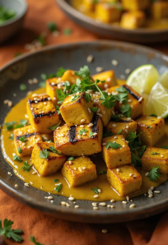 Gegrillter Tofu mit Curry-Tahini-Sauce