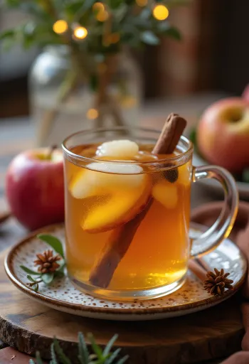 Ein Glas weihnachtlicher Apfelpunsch mit Orangenscheibe und Zimtstange.