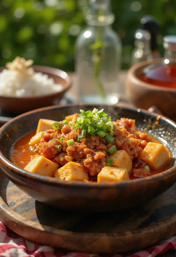 Mapo Tofu, Sichuan-Tofu mit Schweinehackfleisch und würziger Soße