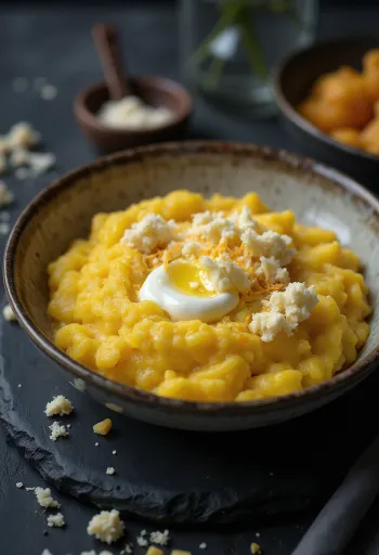 Frisch gekochte, cremige Polenta serviert mit Butter und Käse auf einem Holzbrett
