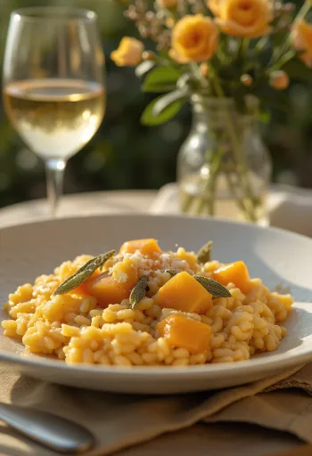 Cremiges Kürbis-Risotto bestreut mit frischem Parmesan