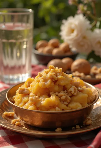 Aate ka Halwa mit reichen Gewürzaromen, gerösteten Nüssen und Rosenwasser.