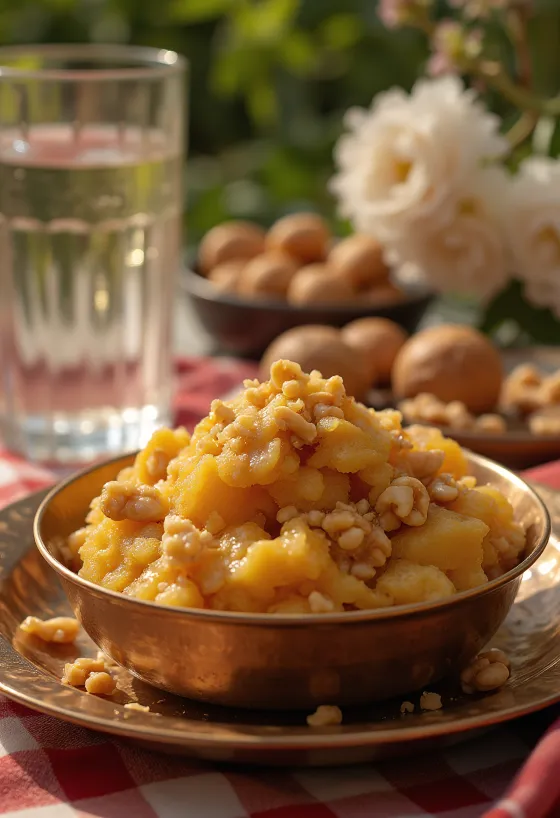 Aate ka Halwa mit reichen Gewürzaromen, gerösteten Nüssen und Rosenwasser.