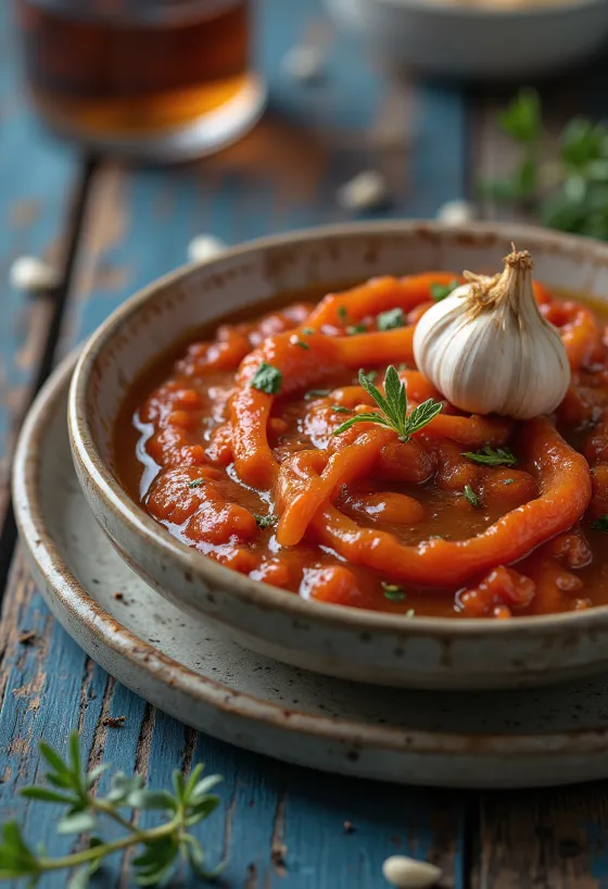 Ajvar mit Olivenöl, garniert mit frischen Kräutern