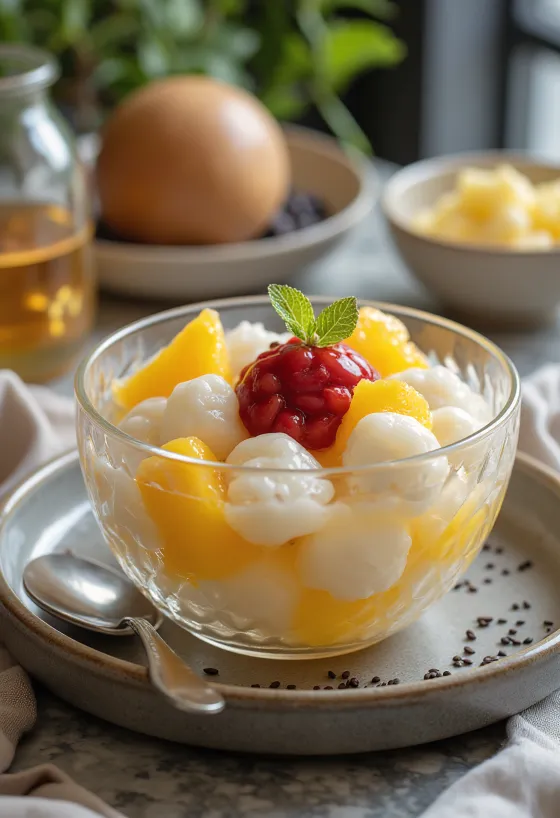 Anmitsu mit Früchten, Anko und Shiratama Dango, dekoriert mit schwarzem Sesam