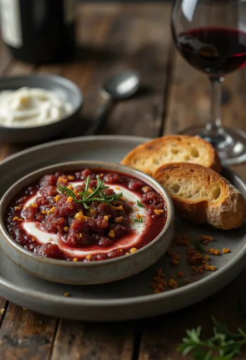 Bagna Cauda mit Rotwein, Knoblauch-Fisch-Sauce, serviert mit Petersilie