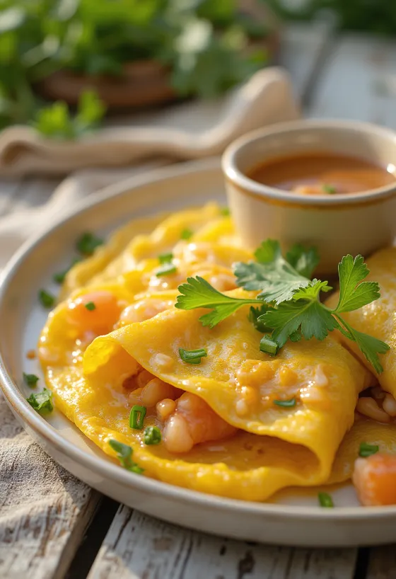 Knuspriger vietnamesischer Pfannkuchen mit frischen Kräutern