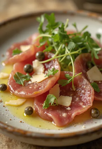 Rinder-Carpaccio mit Trüffelöl elegant serviert