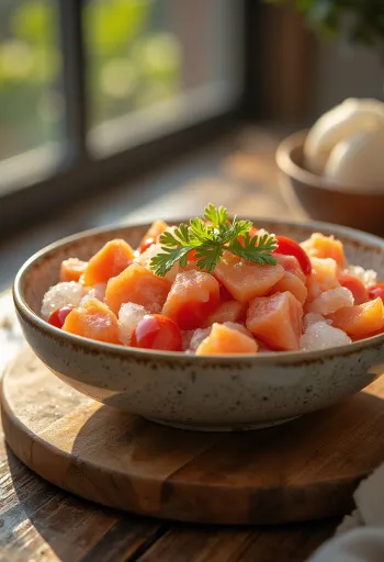 Lomi Salmon mit frischen Tomaten und Frühlingszwiebeln in einer Schüssel, kalt serviert