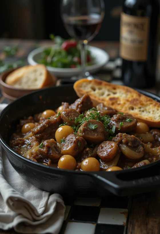 Bœuf Bourguignon, Rindfleischeintopf mit Rotwein und gedünstetem Gemüse serviert