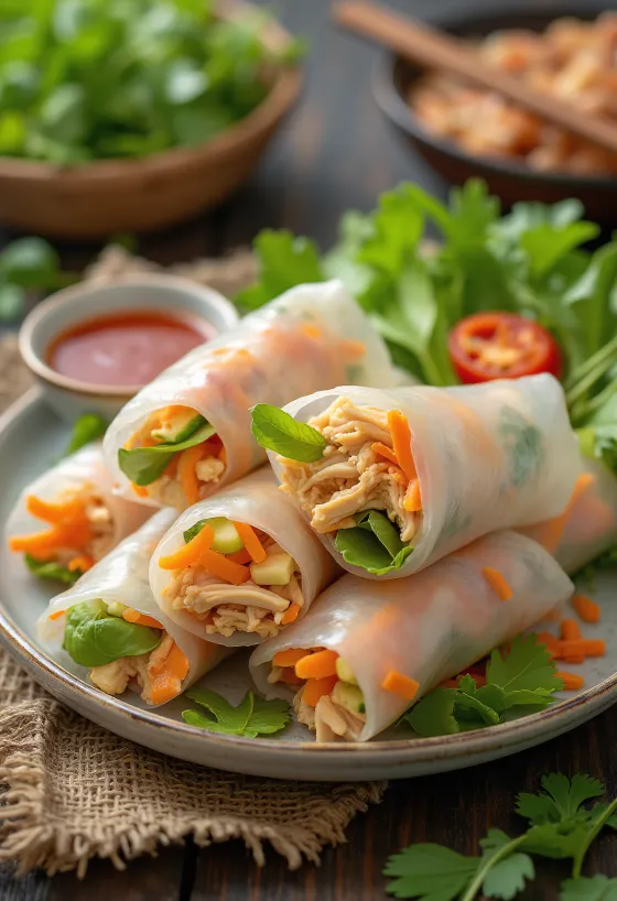 Durchscheinende Reispapierrollen gefüllt mit grünem Salat und Fleisch, neben einem Dip