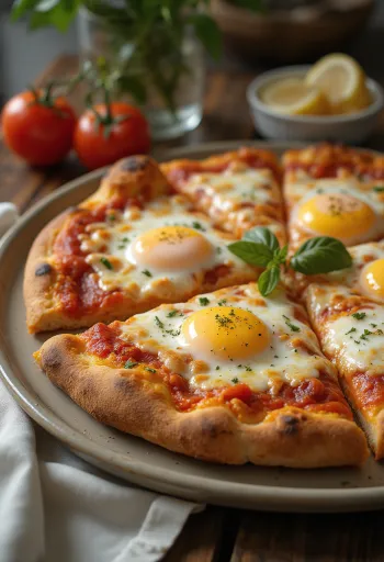 Pizza a Caballo mit Spiegelei, dickem Teig und Mozzarella