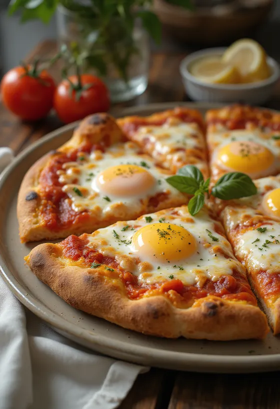 Pizza a Caballo mit Spiegelei, dickem Teig und Mozzarella