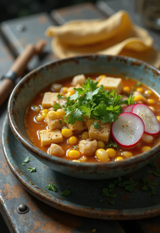 Vegetarische Pozole, mexikanische vegetarische Suppe mit Hominy-Mais, Tofu und Gemüse