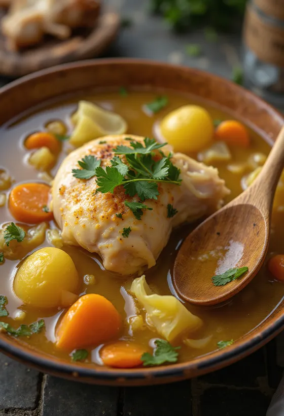 Puchero de Gallina, Hühner-Gemüse-Suppe, garniert mit frischem Koriander.