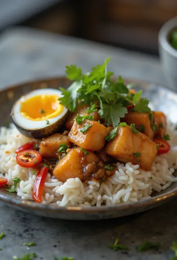 Rawon mit Salzei und Lachs, serviert mit gesalzenem Ei und Lachs