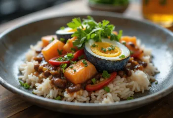 Rawon mit Salzei und Lachs, serviert mit gesalzenem Ei und Lachs