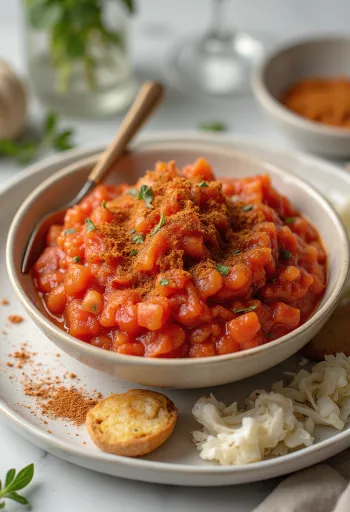 Tomatensauce mit Rosmarin und Paprika in einer Schüssel, dekoriert mit frischem Rosmarin und Paprika.