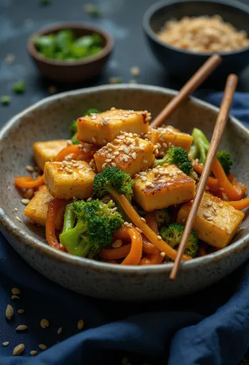 Gebratener Tofu mit Gemüse serviert