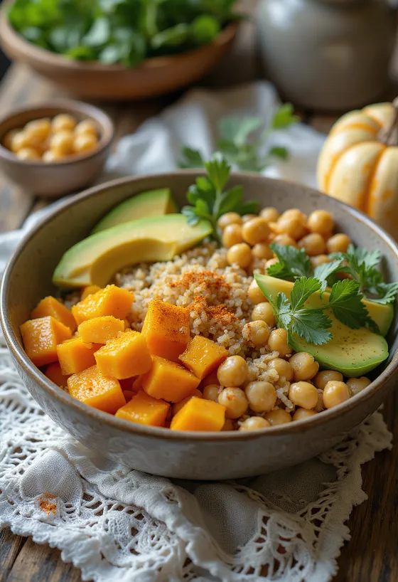 Kürbis Buddha-Bowl mit frischem Gemüse und Quinoa