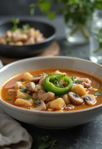 Bakonyi Räubersuppe serviert mit reichlich Gemüse und Fleisch