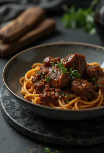 Rinderbäckchen-Ragout serviert mit Pasta
