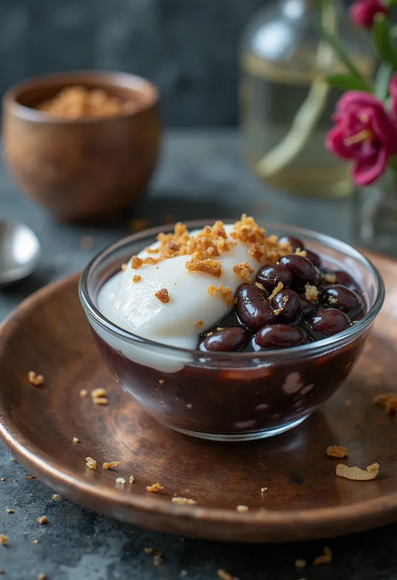 Chè Đậu Đen mit Kokosmilch und Eis serviert