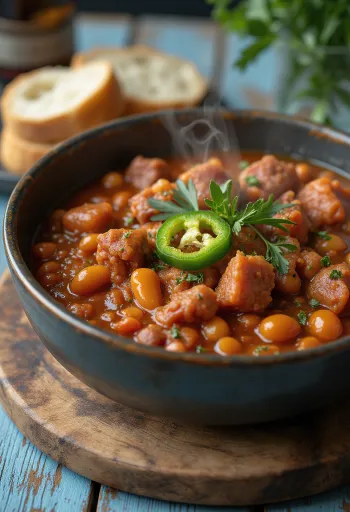 Traditionelles ungarisches Bohnengulasch reichhaltig mit Gemüse und Fleischstücken serviert, garniert mit Schmand und Petersilie