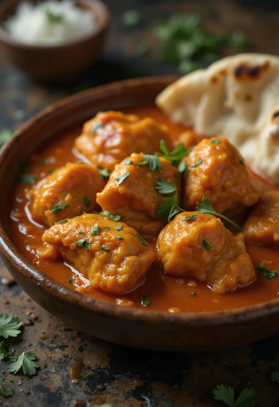 Chicken Tikka Masala in cremiger Tomatensauce, verziert mit frischem Koriander