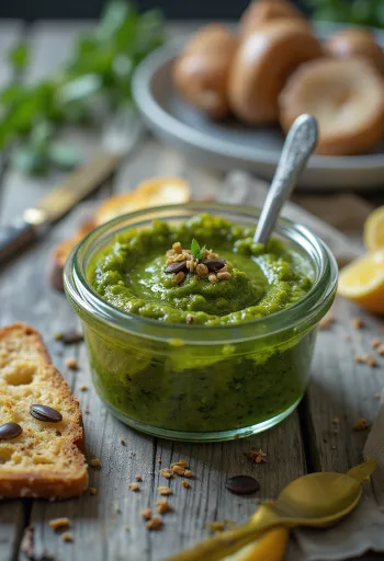Kürbiskern-Pesto mit Basilikum, serviert zu frischer Pasta