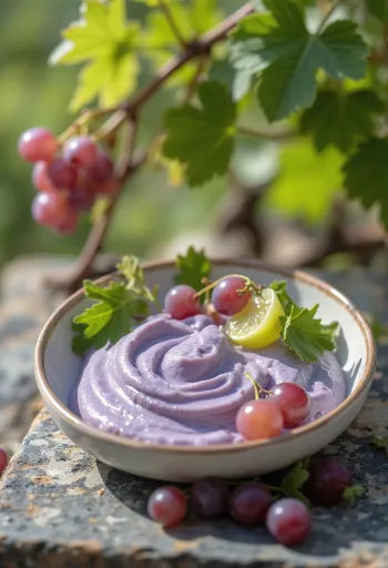 Trauben-Joghurt im Glas serviert, dekoriert mit weißen Traubenstücken