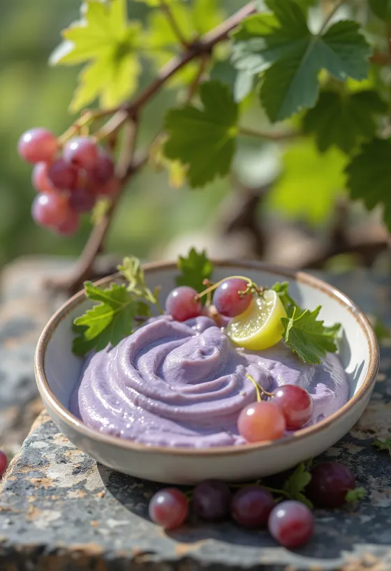 Trauben-Joghurt im Glas serviert, dekoriert mit weißen Traubenstücken