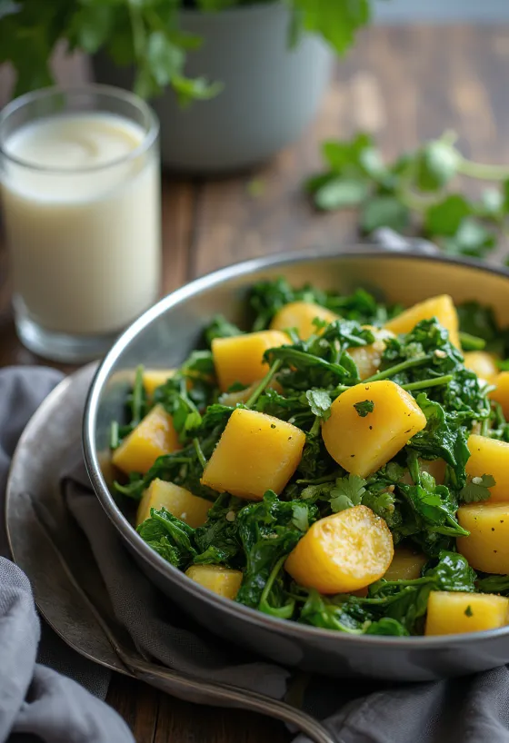Aloo Palak Sabzi in einer Schüssel, mit frischem Koriander garniert