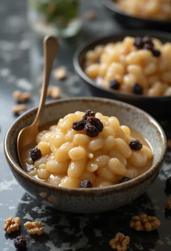 Aşure mit Rosinen serviert, reichhaltiges Weizengrießdessert mit Rosinen und Nüssen