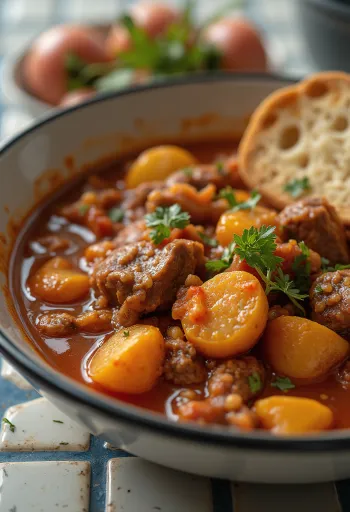 Rindergulasch in einer rustikalen Schüssel serviert