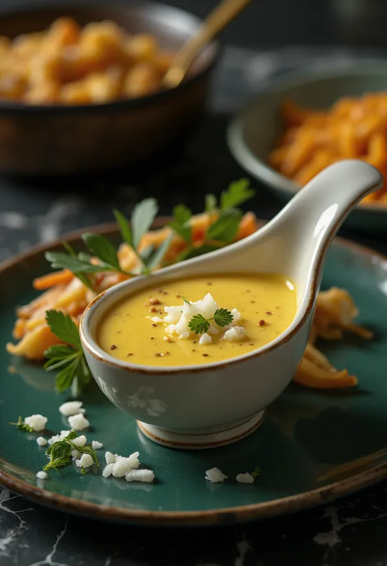 Curry-Sahne-Zwiebelsauce serviert