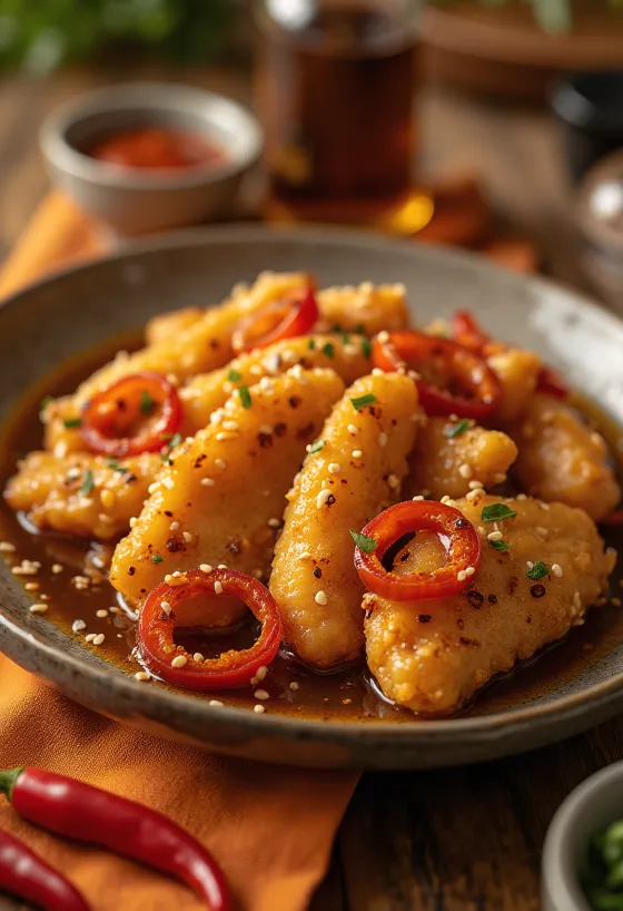 Knoblauch-Tangsuyuk mit Hähnchenfleisch, in Tamarindensauce und Sesam serviert