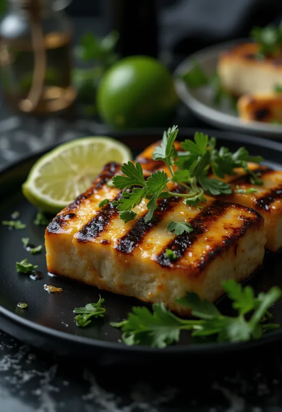 Gegrillter Tofu mit Ingwer serviert, bestreut mit Sesam und Koriander
